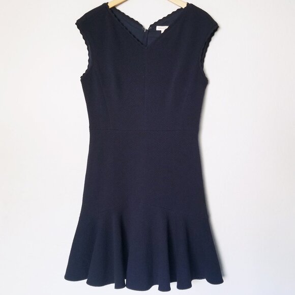 Rebecca Taylor Anna Scallop-Trimmed Navy Dress Size L Textured Knit Modest $395 - Picture 3 of 15